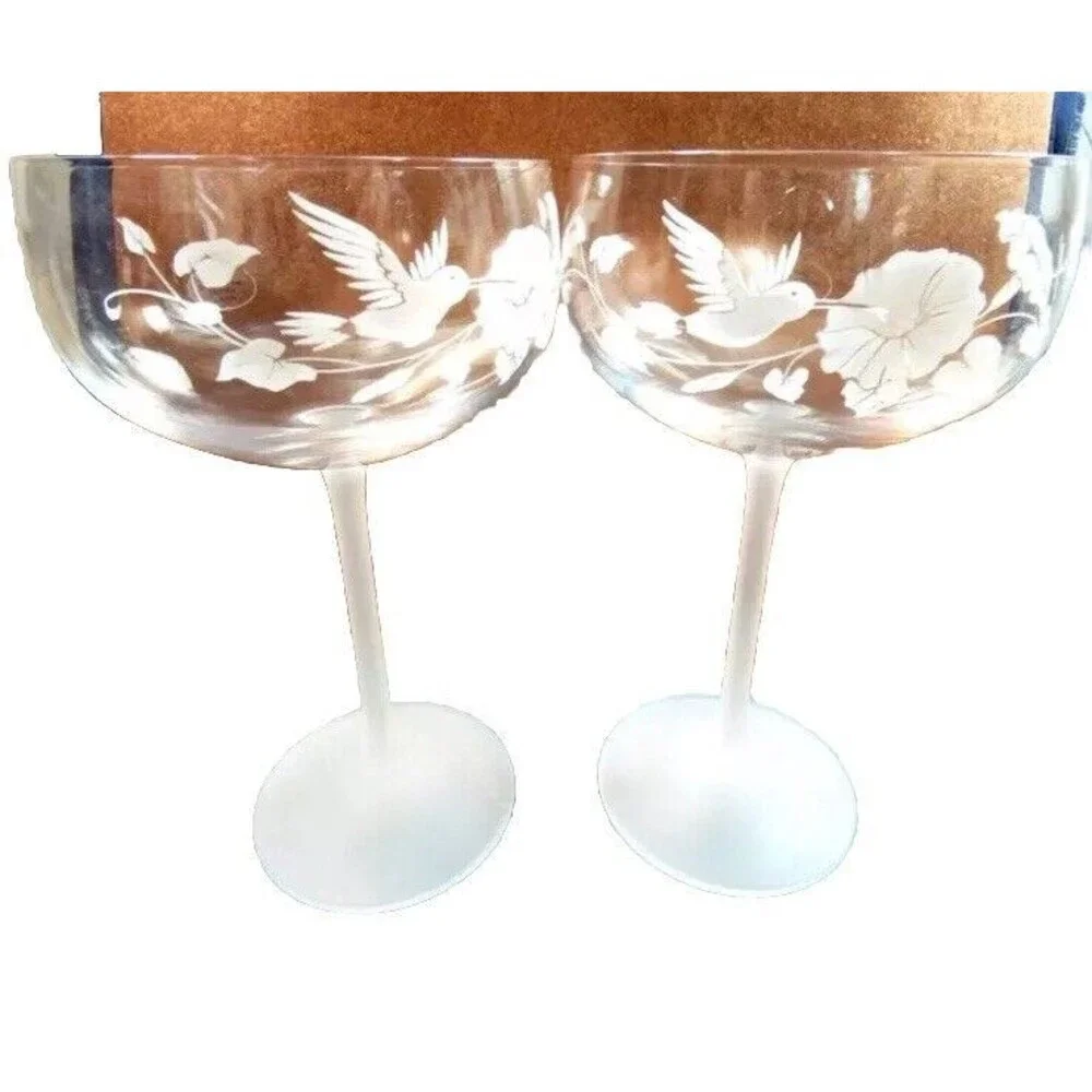 Vintage Avon Hummingbird Crystal Champagne Glasses Frosted Stems- new set of 2!
